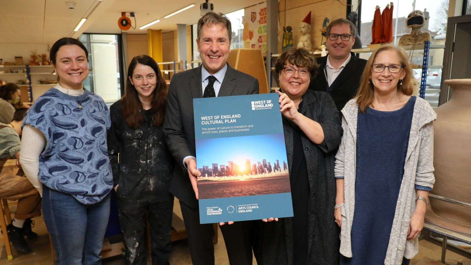 Bath Spa University students Megan Churchill and Helen Rogers; Metro Mayor Dan Norris; Professor Sue Rigby; Dan Allen, Head of Bath School of Art, Film and Media; and Kristin Doern, Head of Bath School of Design. 